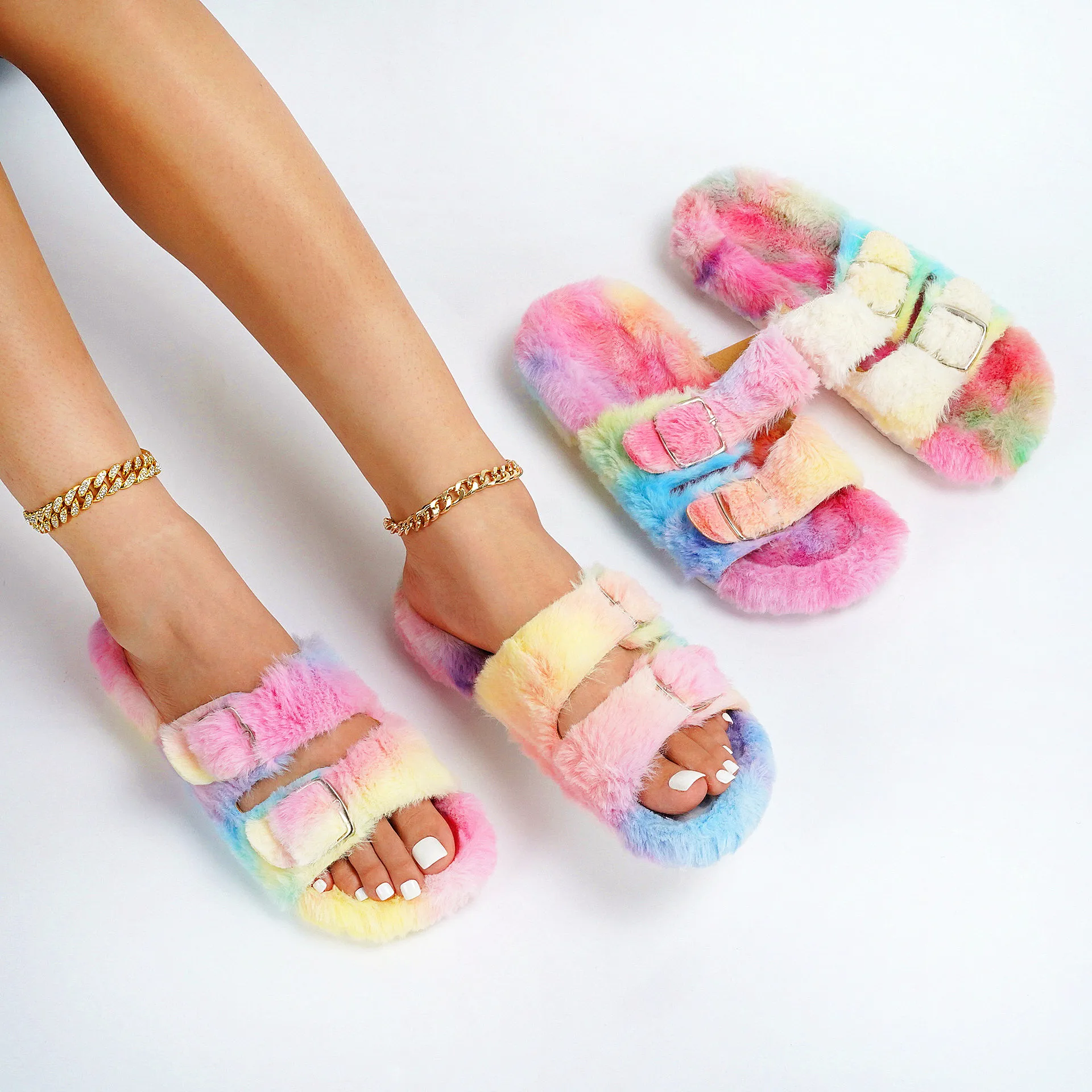 

Dropshipping fashion winter tie dye gradient fluffy slides warm fur women slippers