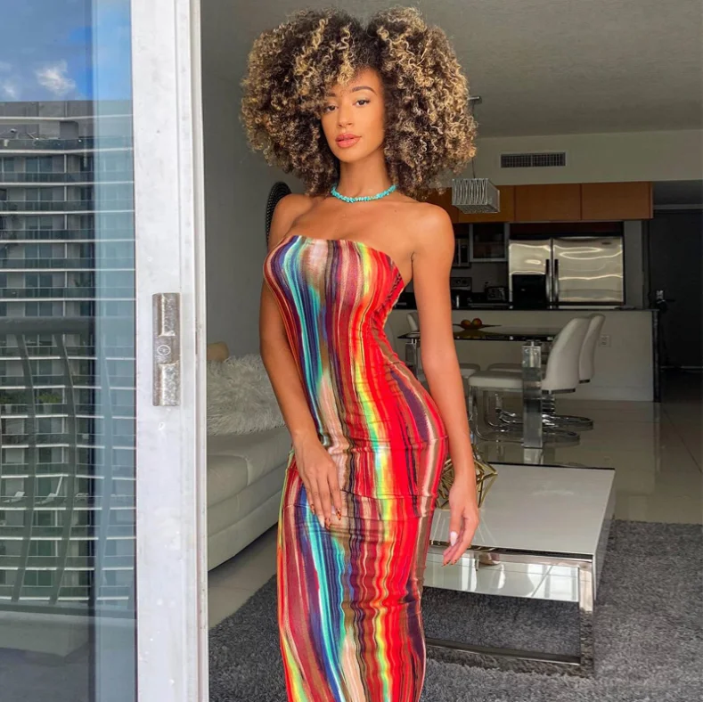 

2021 Fashion Summer Women Clothing Casual Dresses Elegant Off Shoulder Colorful Printed Stripe Bodycon Dress, Shown