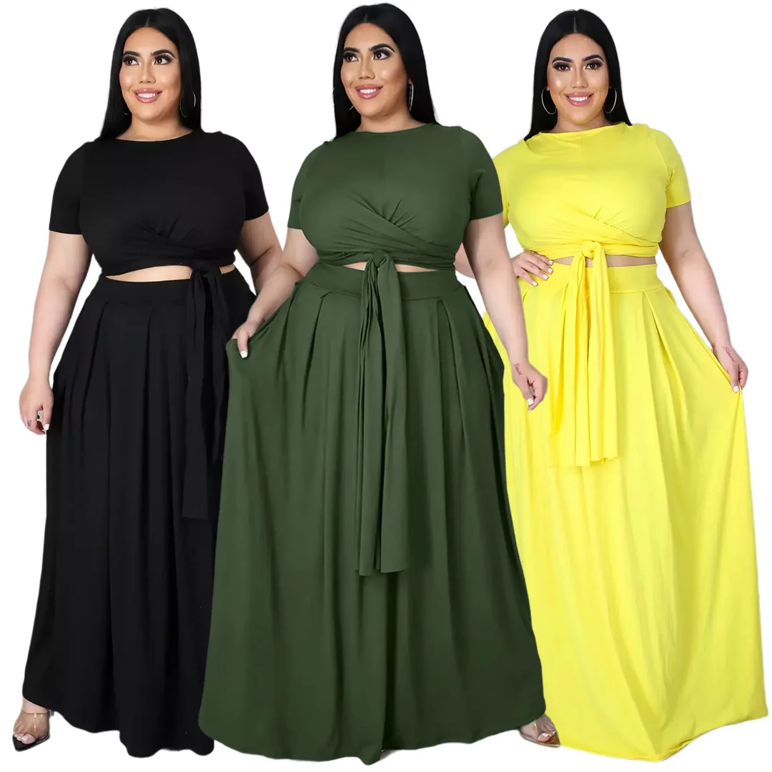 

Plus Size 2 Piece Sets Solid Longsleeve Roond Neck Tie Crop Top High Waisted Long Maxi Skirt With Pockets Arab Dress, Picture color