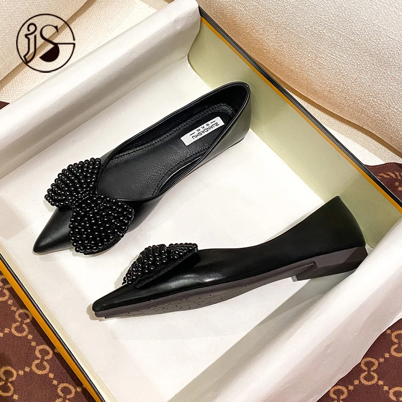 

2020 new bowknot shallow mouth flat bottom fashionable women's single shoes Pearl decorative women's sandals
