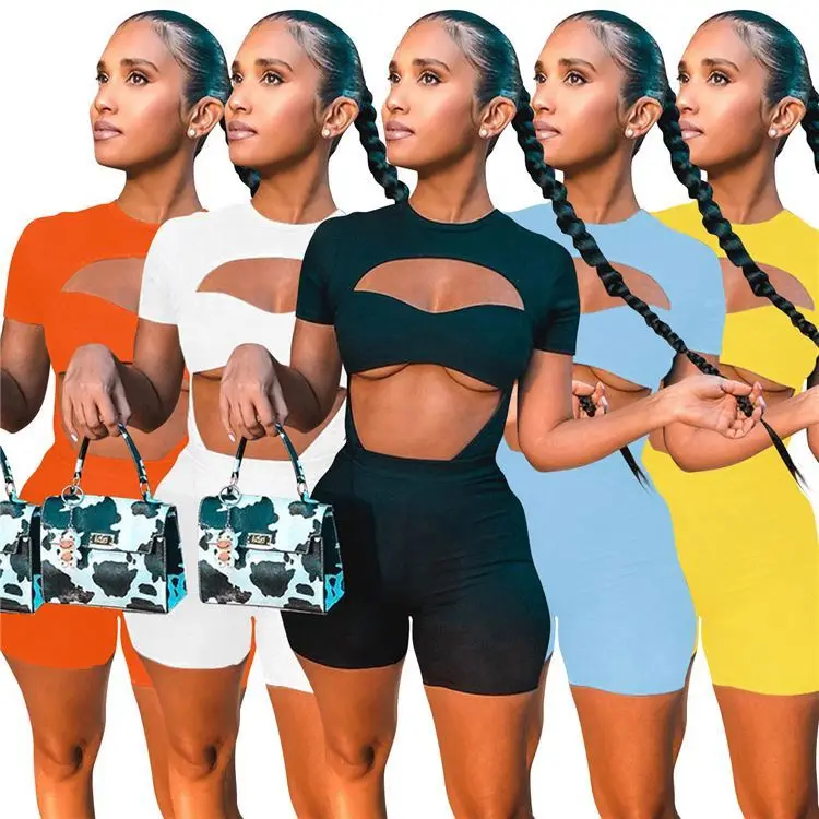 

MISS Hot Sale Summer Sexy Two Piece Short Set Womens Solid Color Hollow Out Rib Two Piece Casual Sets