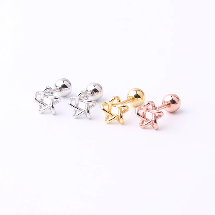 

Aretes 925 sterling silver tiny cartilage stud earing new design dainty gold plated hollow geometric pentagram star stud earring