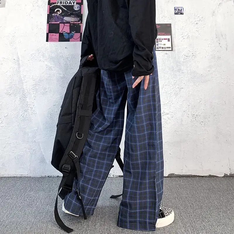 

Grid Pants Women High Waist Casual Checked Trousers Women Straight Plaid Pants Loose Wide Leg Pants Fashion Jokers, Navy