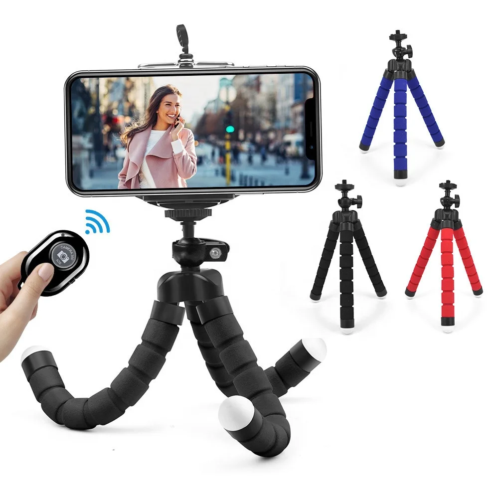 

KALIOU Mini Flexible Sponge Octopus Tripod for iPhone Samsung Xiaomi Huawei Mobile Phone With Phone Holder Remote Control, Black/blue/red