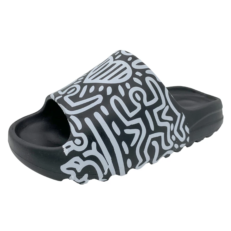 

HappyChina 2020 fashion black white soft anti slip summer slides slippers man graffiti print yeezy slide slipper for men