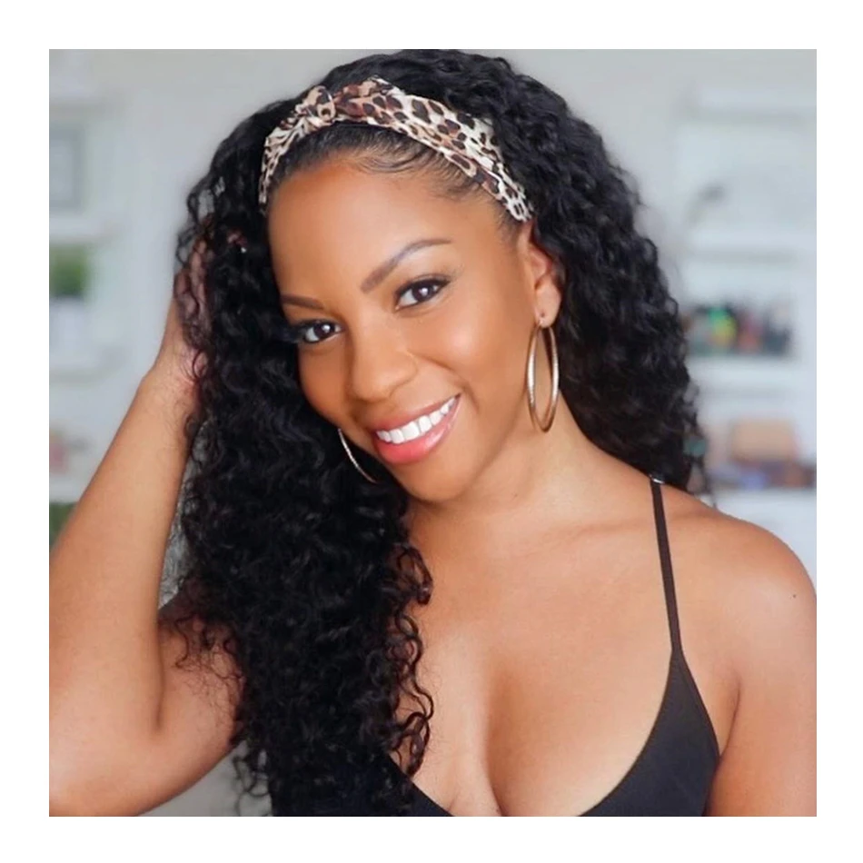 

Wholesale 2021 Deep Wave Curly Headband Wig Brazilian Human Hair with Attached
