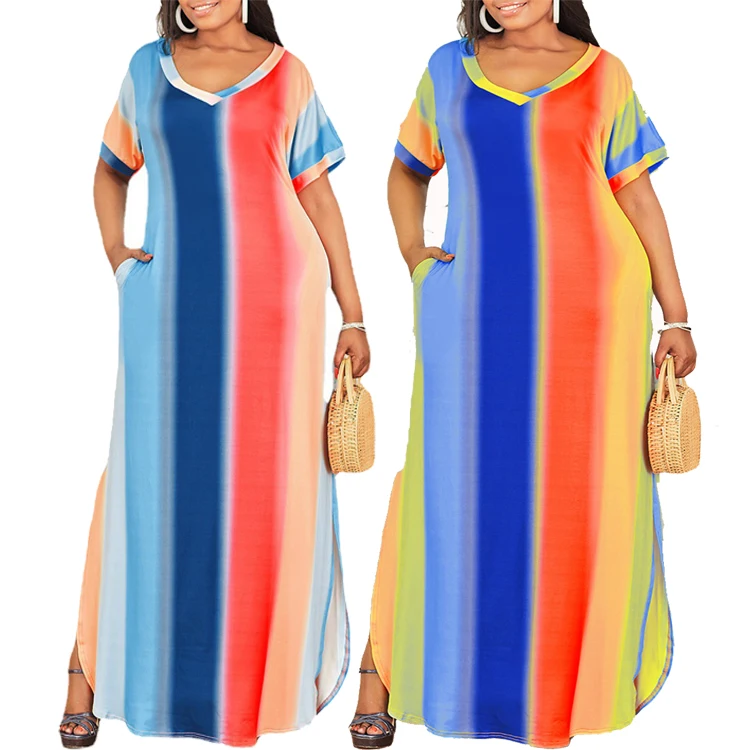 

DUODUOCOLOR Summer 2021 fashion v neck slit long skirt color printed loose fitting clothing plus size women dress D10759