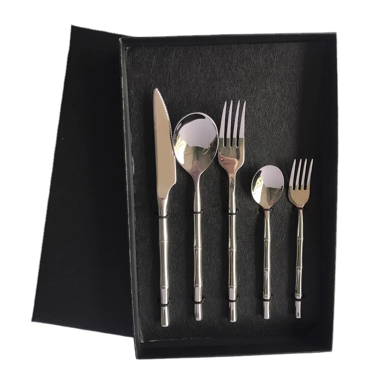 

Bamboo Shape Cutlery with Round Handle Spoon Knife Fork Bamboo Shape Cutlery set, Silver