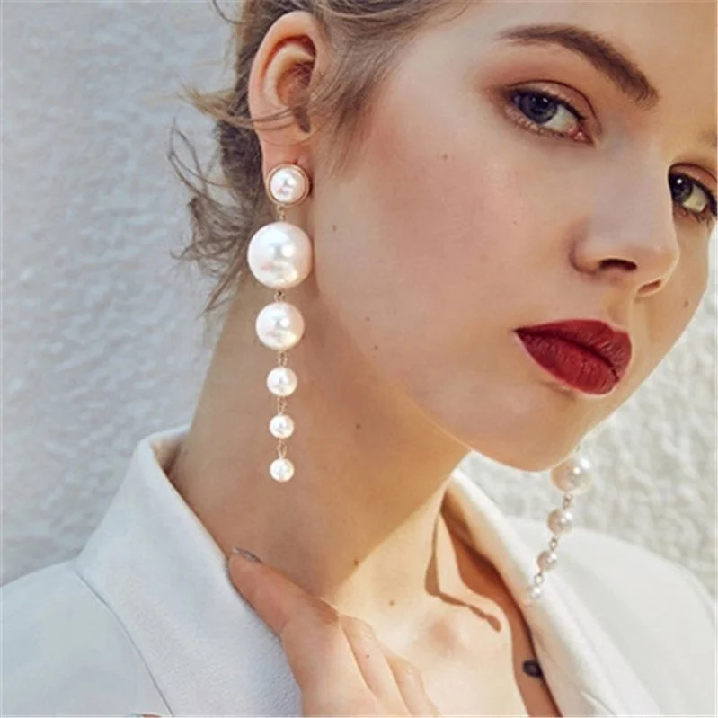 

Fashion Big Pearl Long Drop Earrings For Women Vintage Wedding Earrings, White