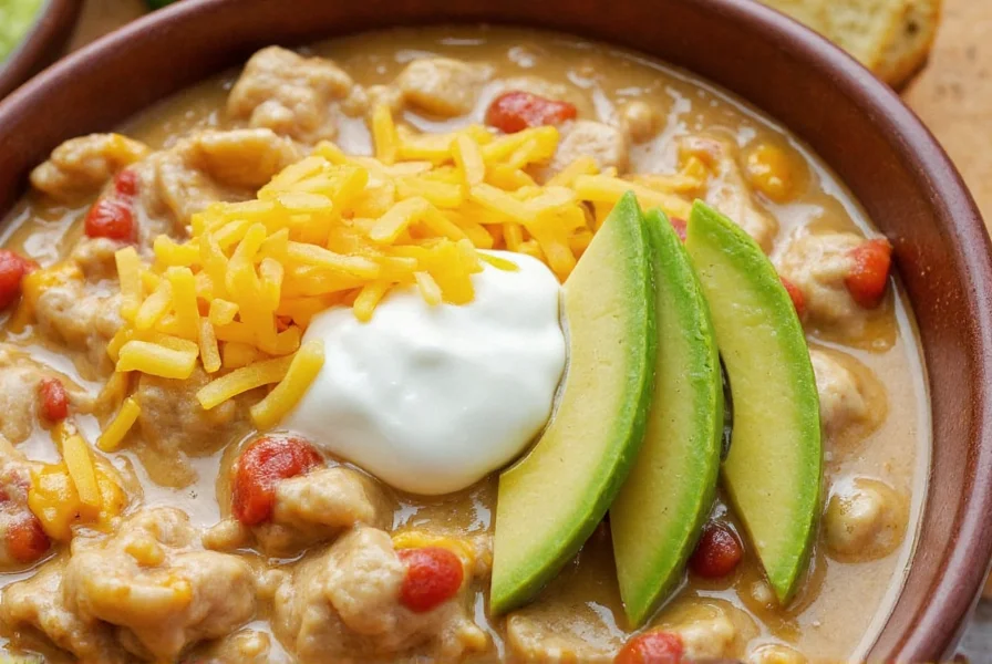 Finished white chicken chili in bowl with avocado, cheese, and sour cream toppings served with cornbread