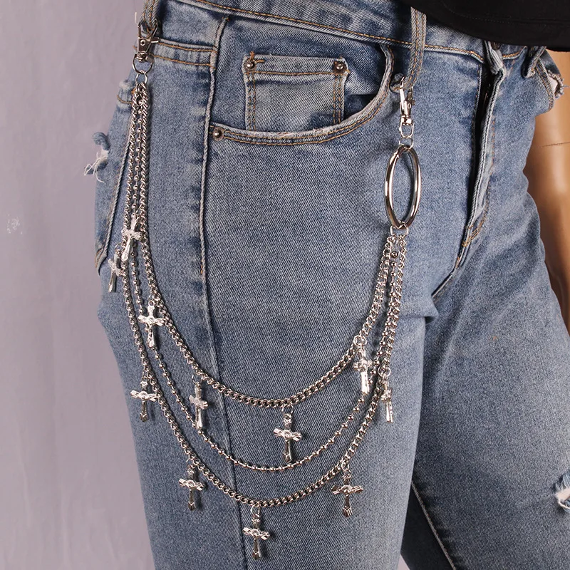 

Hip-hop Fashion Metal Multi-layer Silver Cross Chain Street Trend Personality Pants For Women And Men With Waist Chain