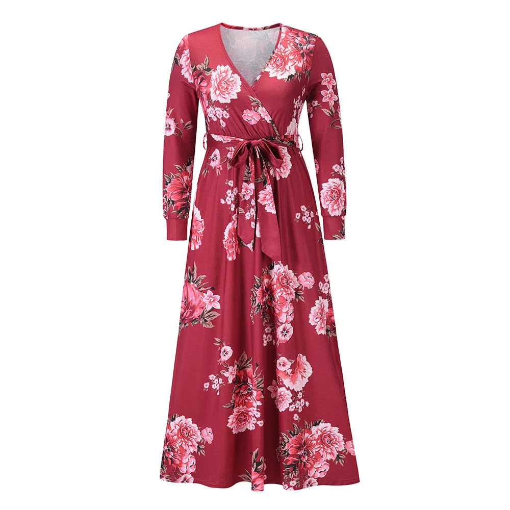 

Plus Size New Style V-Neck Long-Sleeved Knit Flower Print Autumn 2021 Dress For Fat Woman