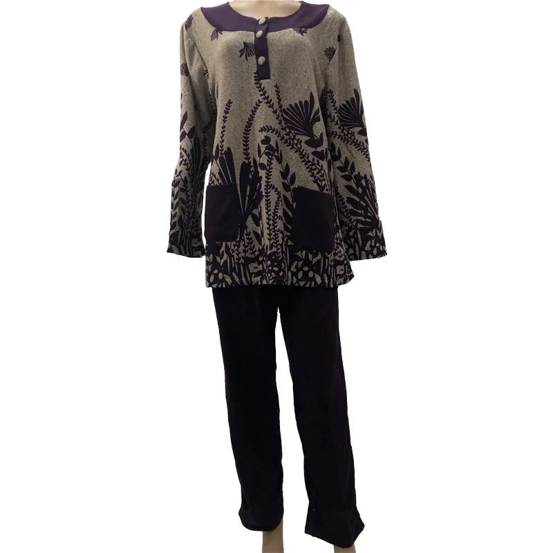 

Arabic Polyester Spandex Print Color Long Sleeve Two Piece Muslim Women Sleepwear Pajamas Sets, Black, deep brown, purple, red