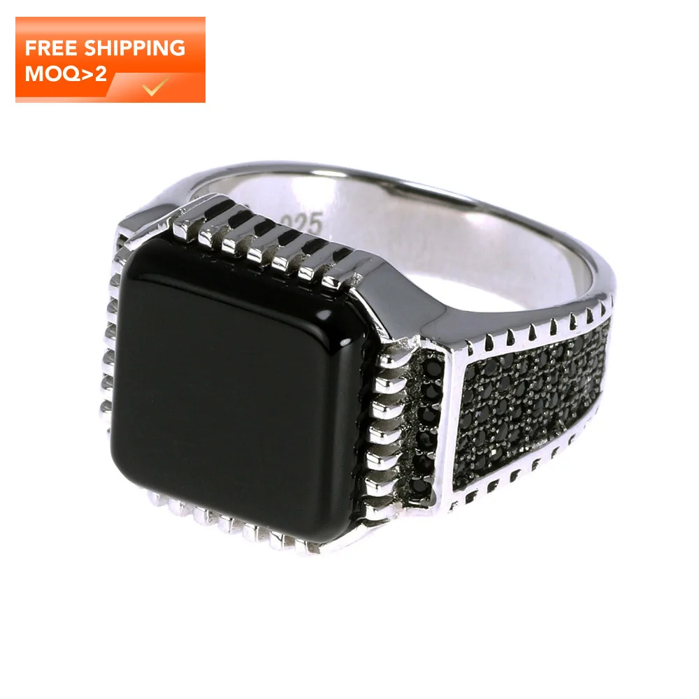 

Genuine Solid 925 Sterling Silver Turkish Rings For Men Black Rings With Stone Square Natural Onyx Vintage Male Jewelry Anelli