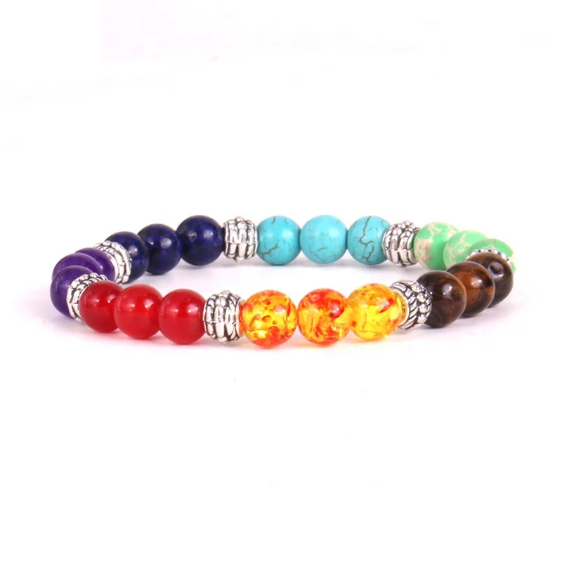 

Amazon Wholesale Factory Natural Stone 7Chakra Bracelets Imperial Stone Agate Yoga Reiki Prayer Beads Bracelets, As photo