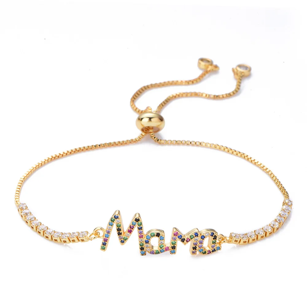 

Fashion Mother's Gift Adjustable Letter Mama Bracelets Metal Copper Chain Cubic Zirconia Letter Charm Bracelet For Women, As picture