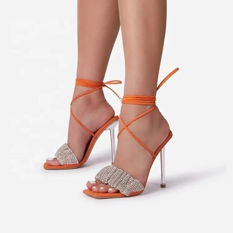 

Heeled Sandals Women Sandalias Con Tacon Square Toe Green Lace Up 2022 High Heels Shoes For Women, Black, green, beige, orange