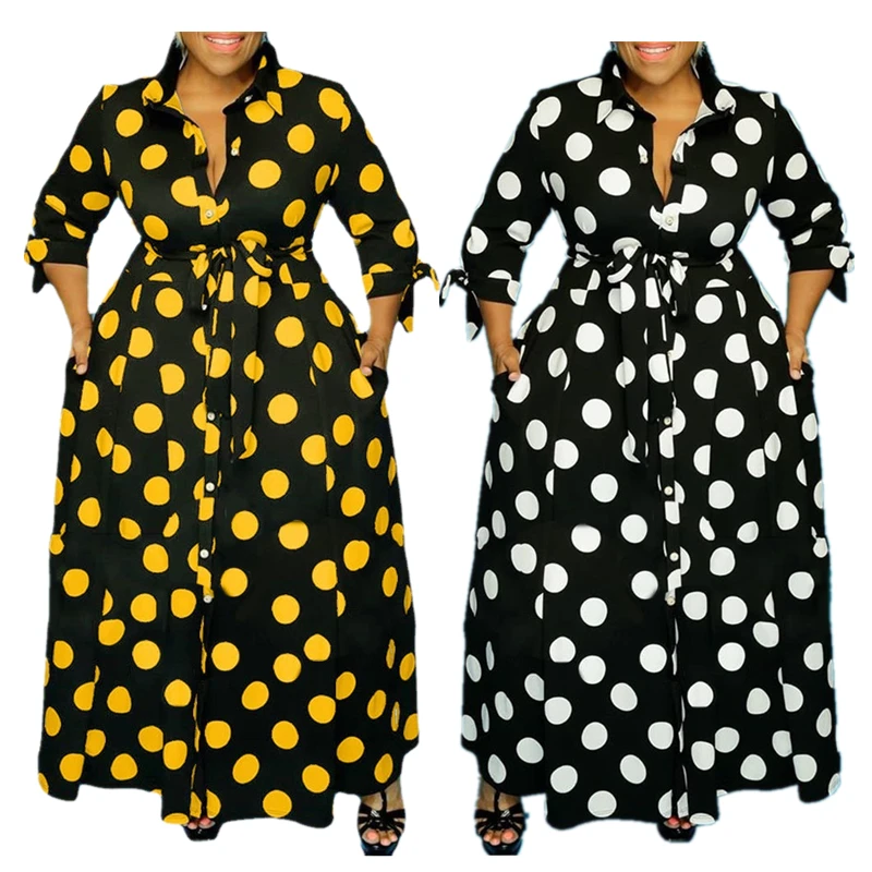 

High Quality 2021 Autumn Long Dresses Women Maxi Casual Plus Size Button Blouse Long Sleeve Polka Dot Print Women Casual Dress, 2 colors