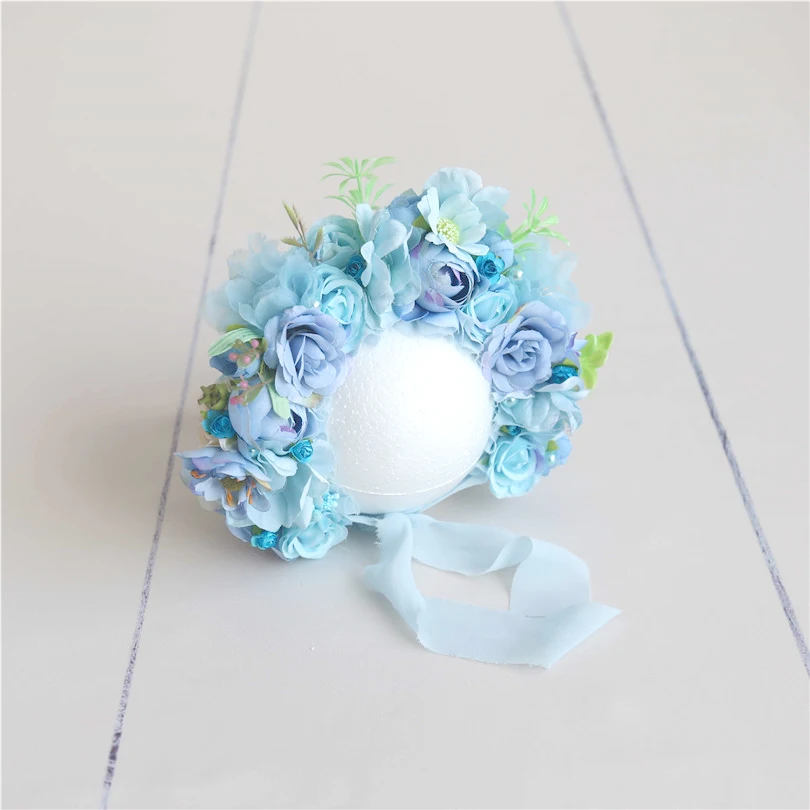 

Blue Floral Baby Bonnet Newborn Flower Har for Photography Shoot New Born Flower Garden Bonnet Infant Baby Girl Hat Photo Props