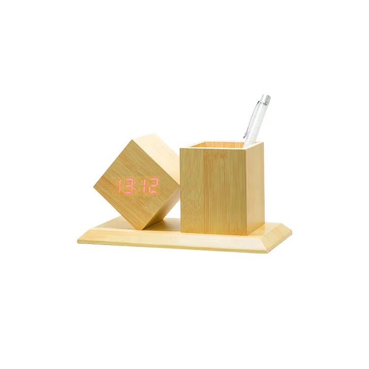 

EMAF Dropship Creative diamond shape desktop pen holder clock sound sensing office wooden LED alarm clock with CE ROHS standard