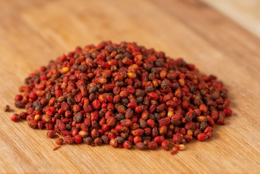 Close-up photograph of dried Sichuan peppercorns showing their distinctive reddish-brown husks and small size on a wooden cutting board