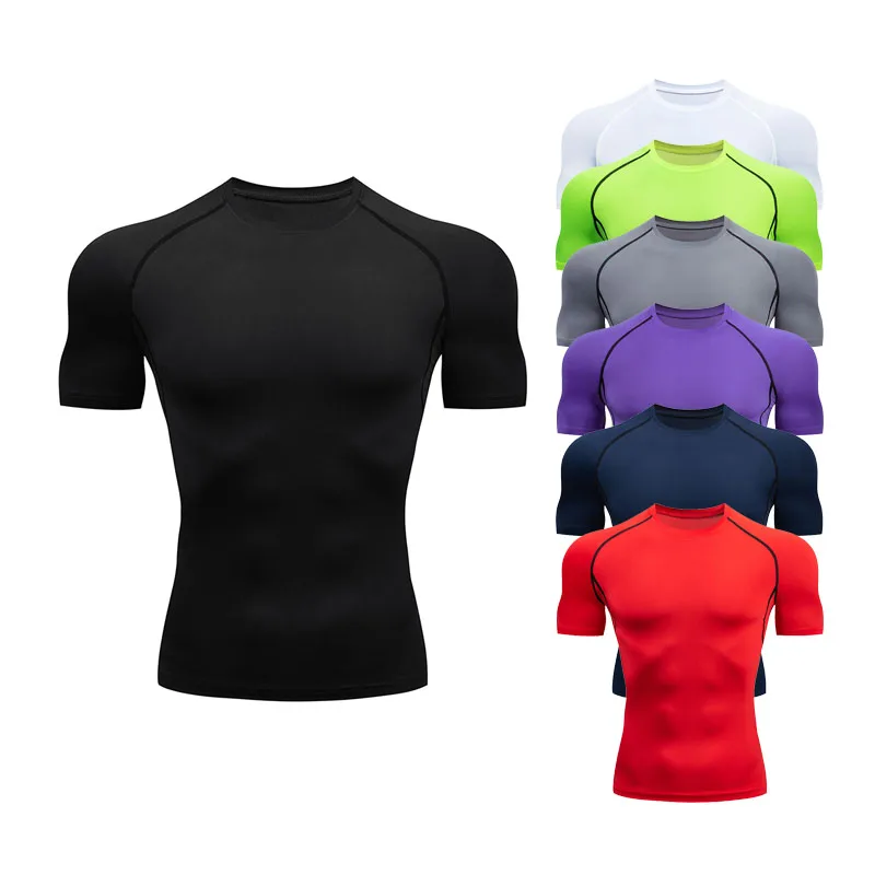 

Men Short Sleeve T-Shirt Running Gym Workout Sportswear Training Compression Tshirt, Black/customized color