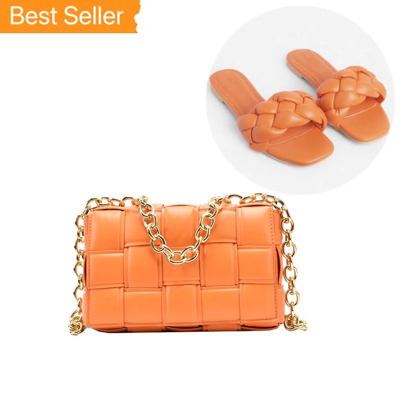 

wholesale weave hand bags bag & matching flat slippers pu sandals slides shoes & and purse set match chain purses 2021 for women, 4 colors