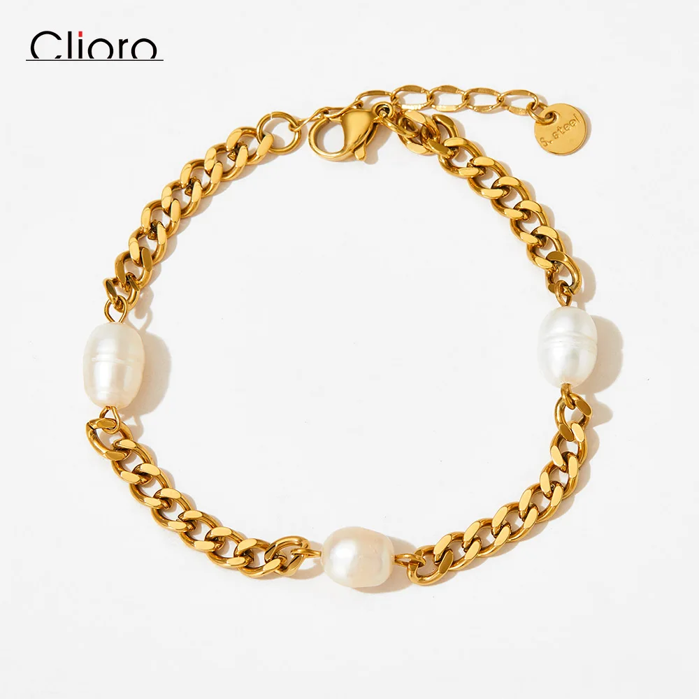 

Vintage Pearl Charm Cuban Link Chain Bracelet 18k Gold Plated Stainless Steel Chain Bracelet