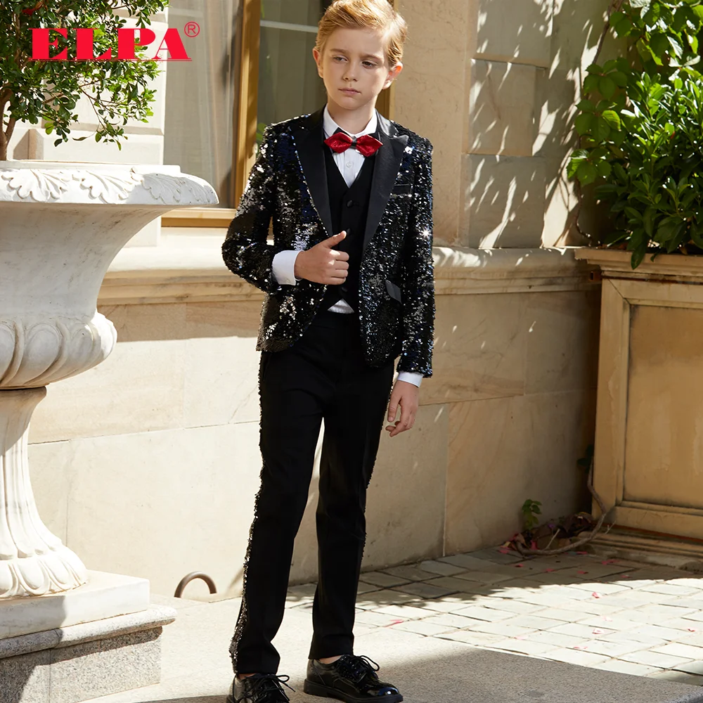 
ELPA slim fit black sequence kids latest design fancy party wedding occasion wear formal suits for boys 