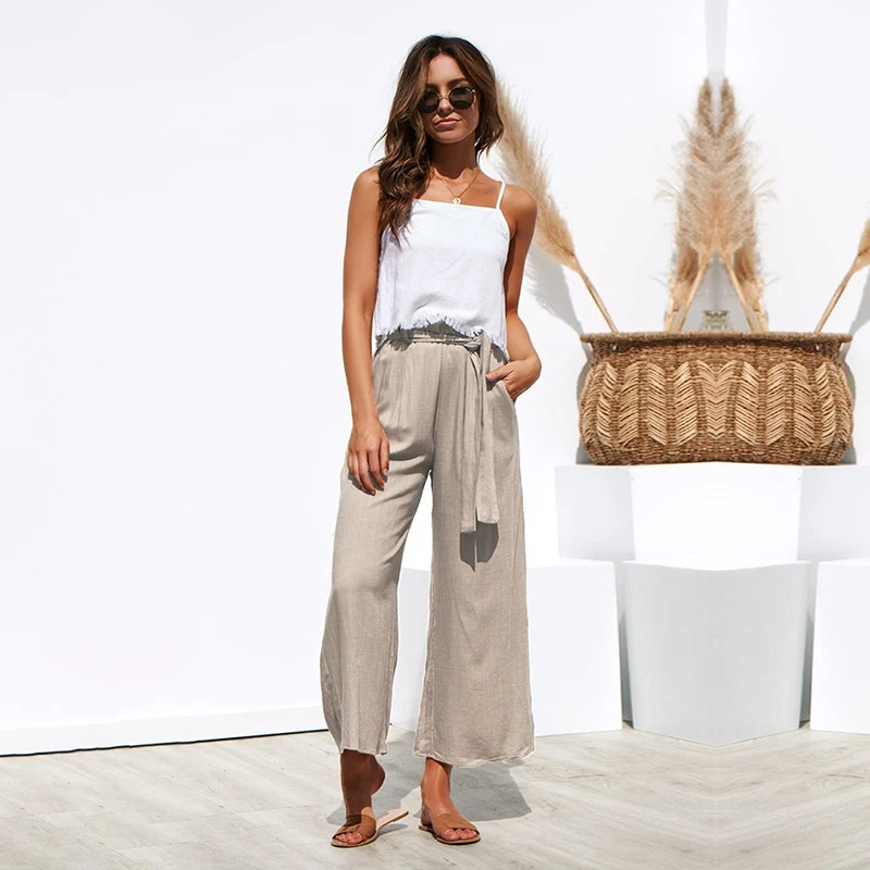 

Women Casual Cotton Linen High Waist Stripe Summer Fall Wide Leg Pants Culottes Loose Palazzo Pants With Belt, As picture