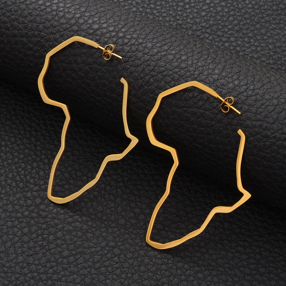 

2021 Hot Sale 14k Gold Plated Stainless Steel Hoop Exaggerate Large Gold Color Africa Map Earring