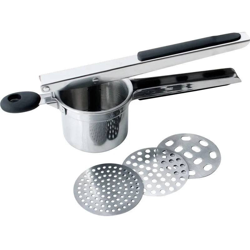 

Amazon Best Sale Stainless Steel Potato Ricer Set with 3 Ricing Discs Fruit Vegetable Tools Potato Masher with Silicone Handle