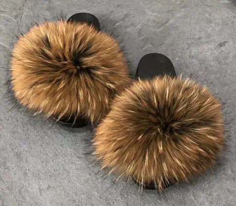 

High Quality Soft Custom PVC Sole Woman Natural Raccoon Fur Slipper for Ladies