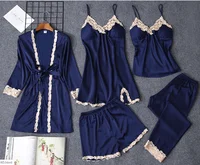 

High Quality Silk Floral 5 Piece Sexy Pajamas Set Satin Chiffon Nightgown Sleepwear For Women