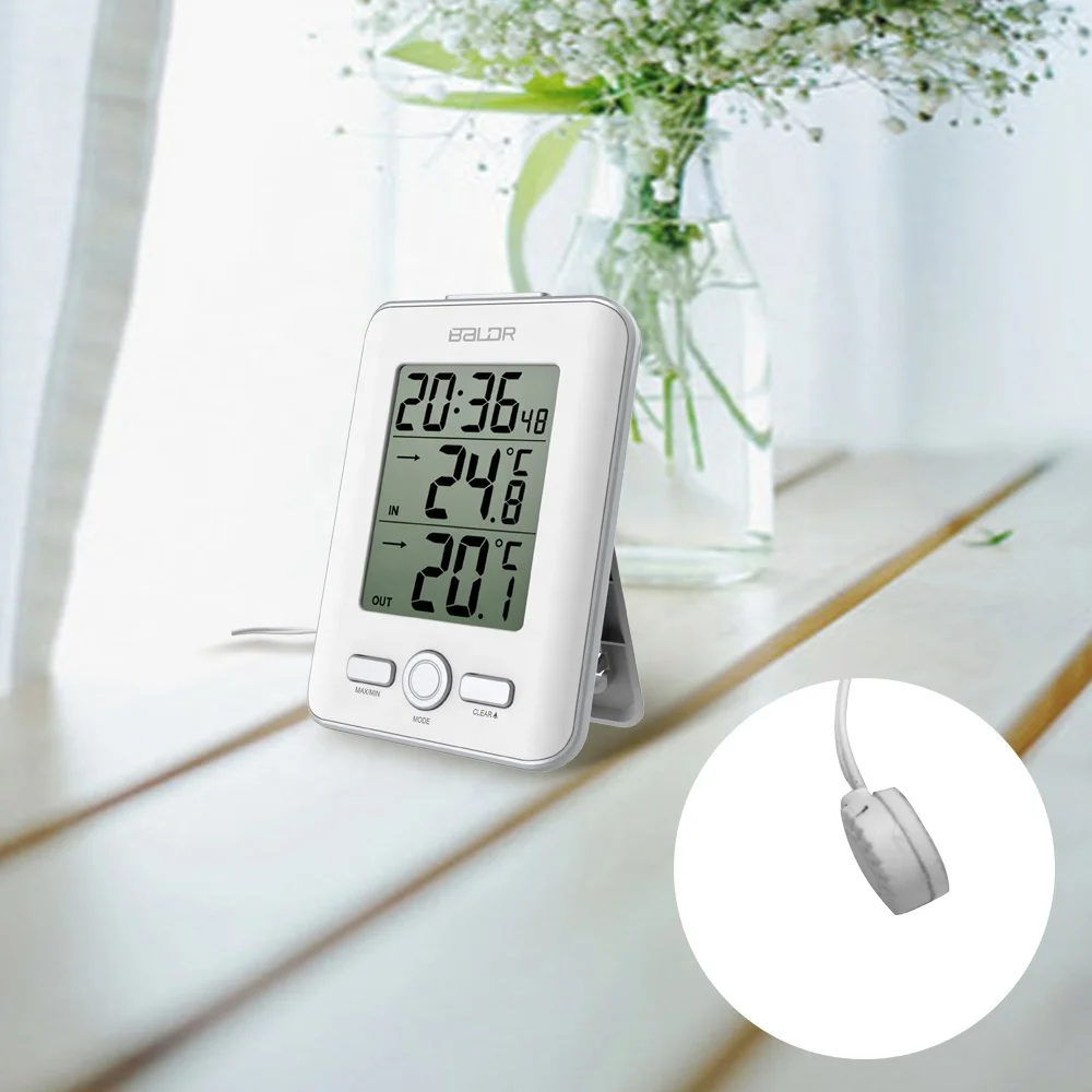 

BALDR B0129 Digital Wired Indoor Outdoor Thermometer with Arrow Trend Alarm Sound with Cable 1.8m desk clock Weather Station, White