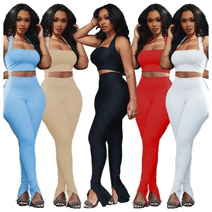 

Hot sale fashion solid color crop Top And slit Pants Sexy night club skinny 2 Pcs Outfits Two Piece Set Women Clothing