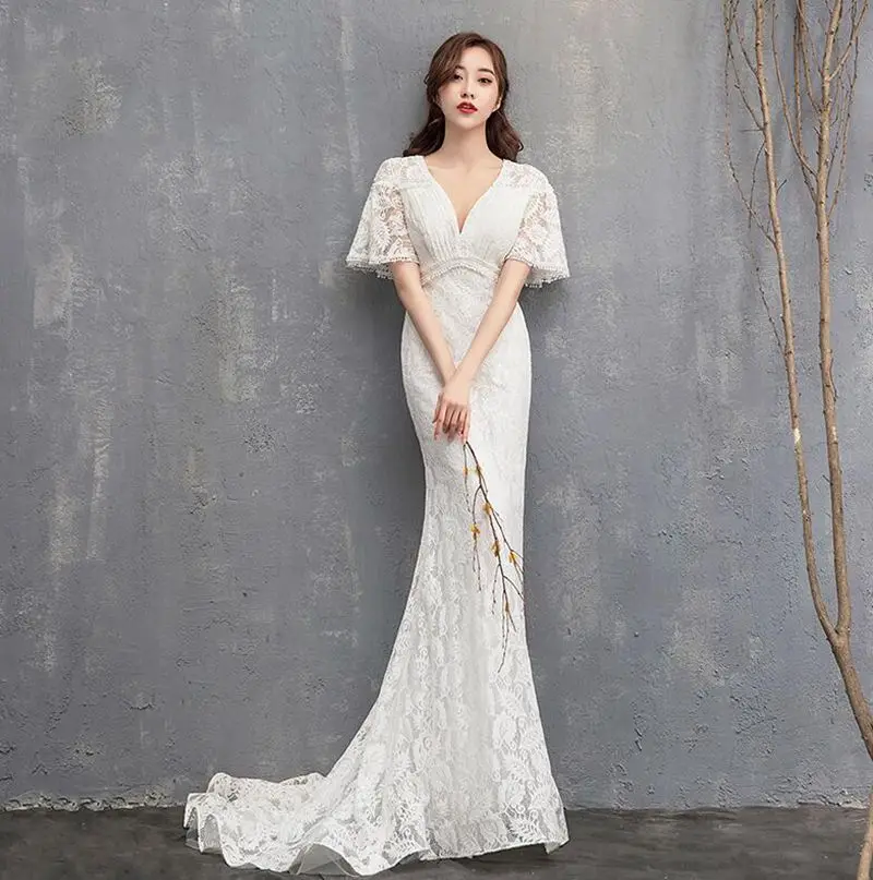 

2020 New Designs Empire Vintage Elegant Puff Sleeve V-Neck Simple Lace Wedding Gowns Dress Bridal Mermaid