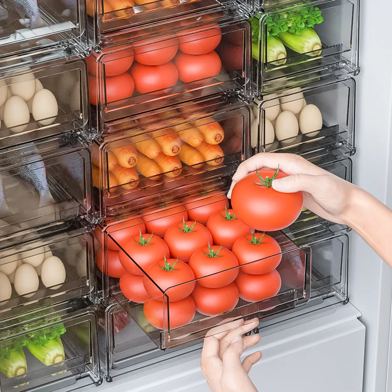

Kitchen Transparent Stackable Refrigerator Food Vegetable Storage Box Freezer Bins Pull Out Fridge Organizer Drawer, Clear