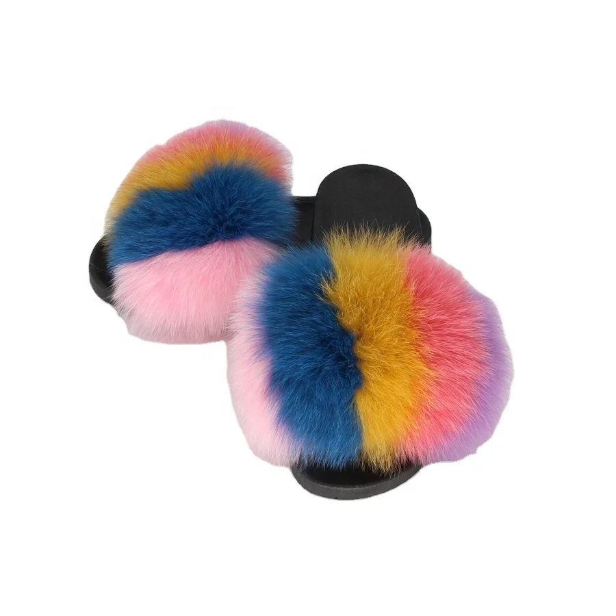 

QIUCHEN OEM PVC sole women fox fur slippers for women, Over 50 colors