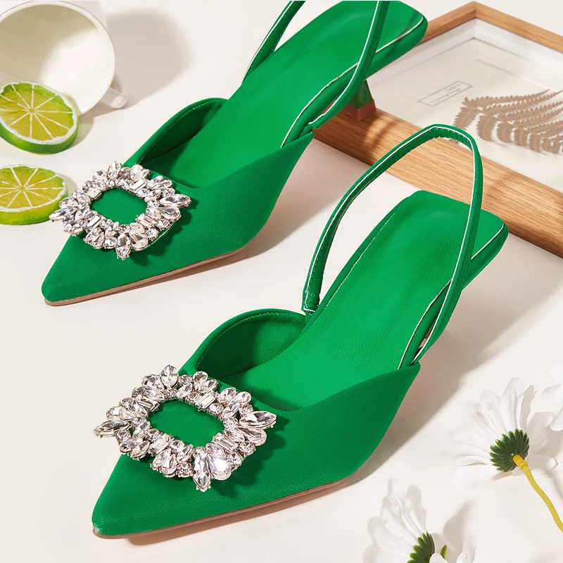 

New Crystal Square Buckle Pointed Toe Flock Slingbacks Woman Slippers Fashion Outdoor Dress Pump Mules Shoes