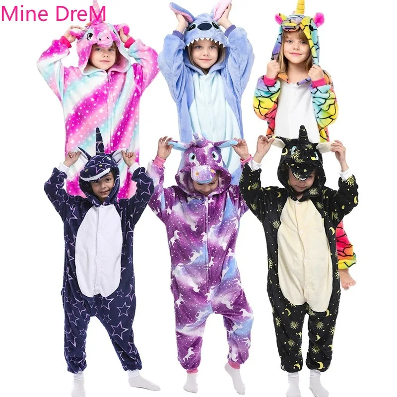 

Kigurumi Kids Unicorn Sleepwear Boys Girls Stich Panda Pajamas Children Funny Animal Winter Girls Unicorn Flannel Pyjama