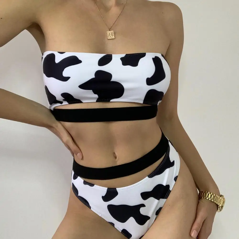 

Hot Selling Cutout Bandage Swimwear Two Pieces Strapless High Waist Milk Cow Swimming Costume 2021 Swimsuits For Women