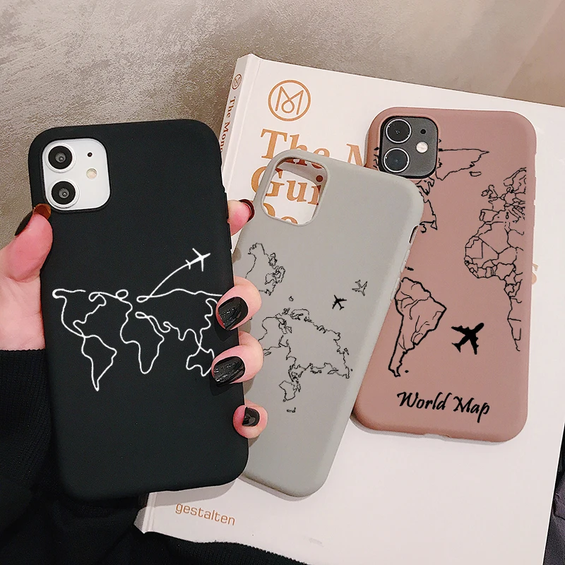 

World Map Travel Phone Case for iPhone 12 11 XS XR Ultra Thin TPU Frosted Silicone Cases Soft Back Cover For iPhone SE 8 Plus 7, 6 colors