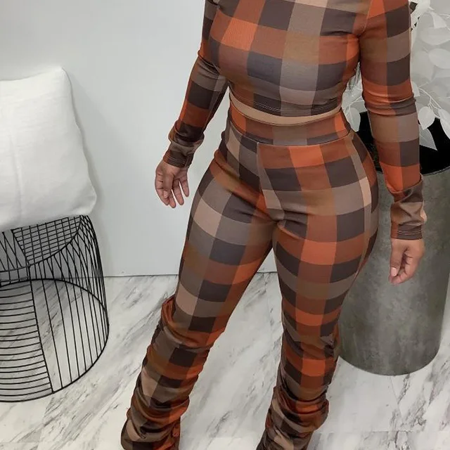 

2021 Women Autumn Winter Clothing Casual Fall Womens Long Sleeve Turtleneck Plaid Top With Stacked Pants Sets 2piece Joggers Set, Orange