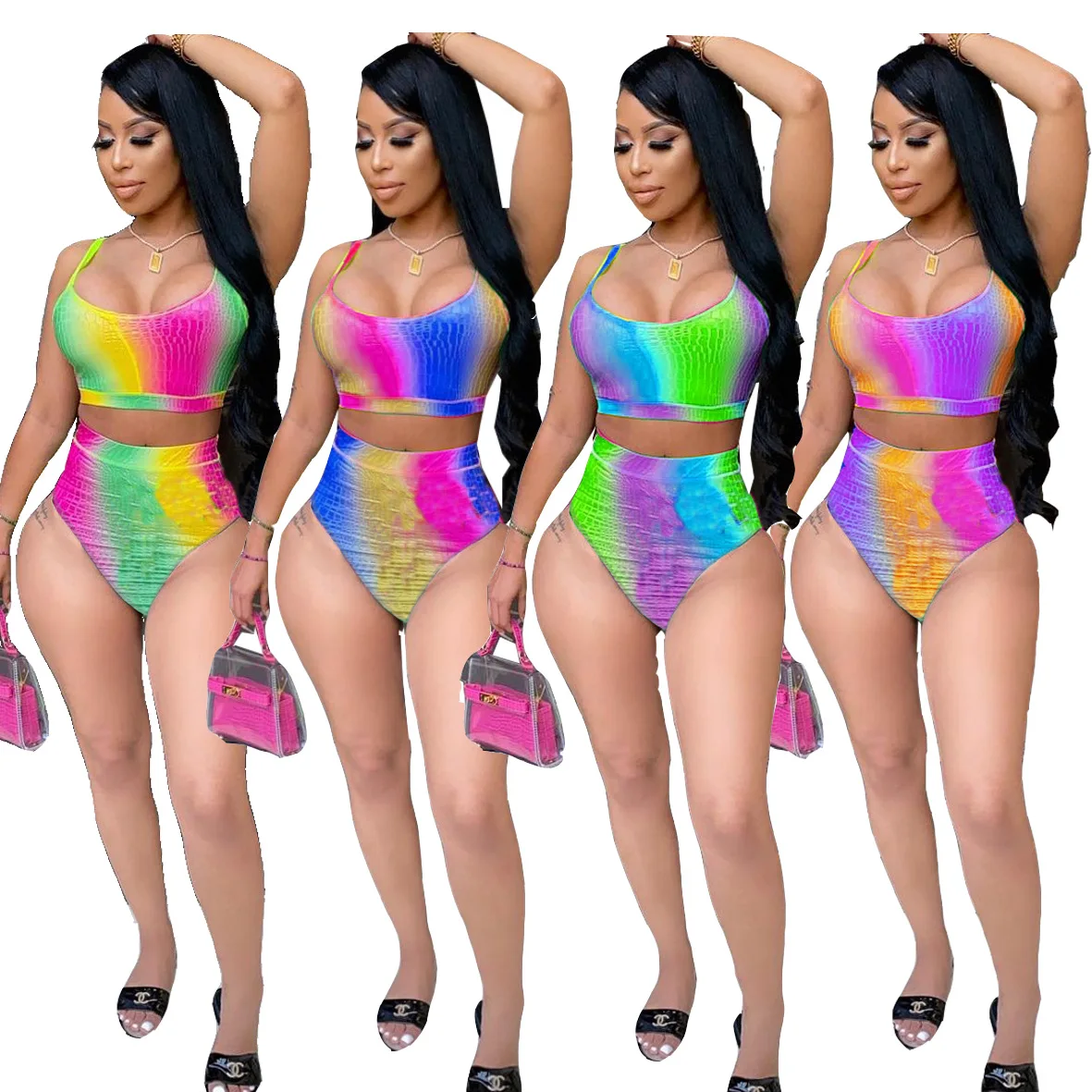 

2021 Amazon seller new women split sexy high stretch two-piece set with color change high waist thong bikini swimwear, 4 color