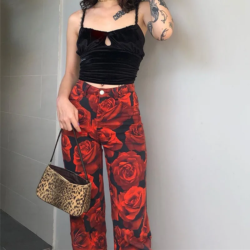 

High Waist Wide Leg Allover Rose Printed Ladies Trousers, Customized