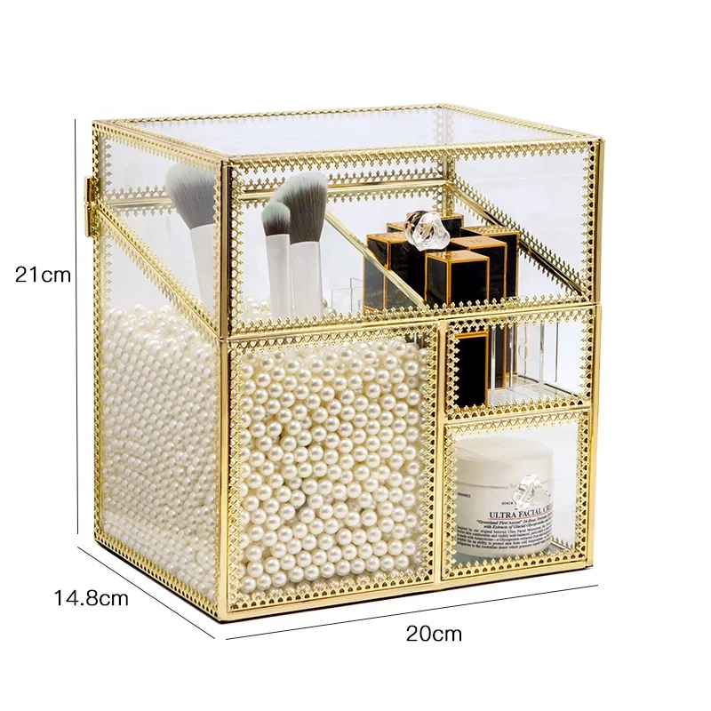

New Original Design Glass and Gold Frame Large Capacity Make up Brush Organizer Case Beauty Storage Box