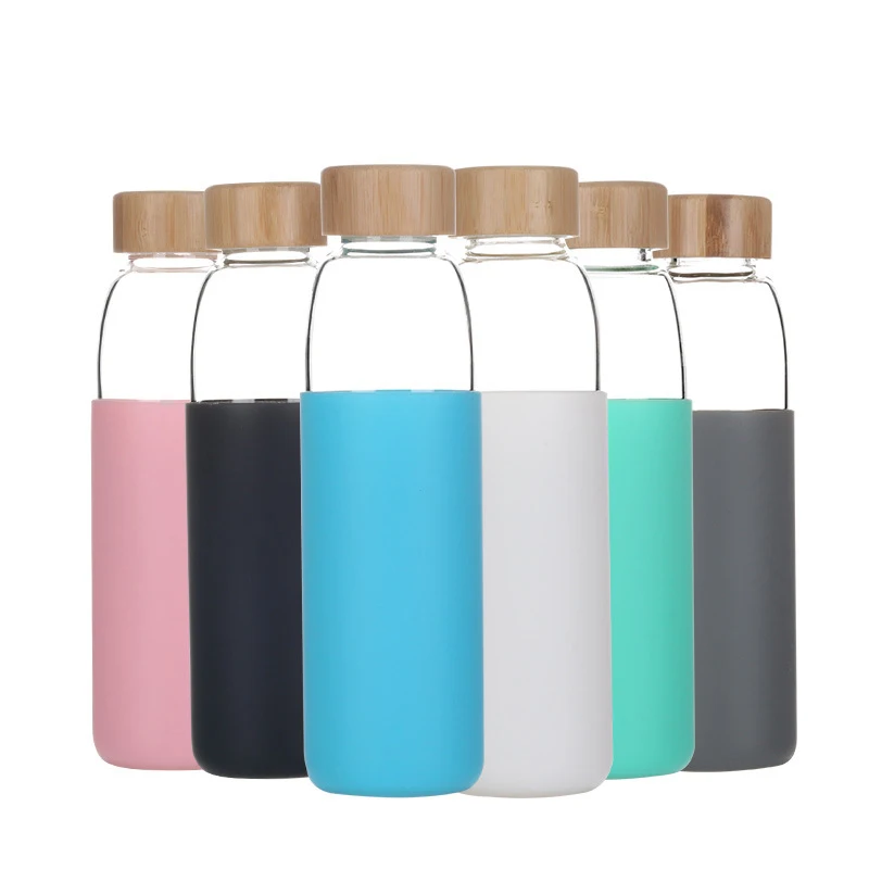 

Custom 550ml Eco-friendly Reusable Glass Water Bottle With Bamboo Lid And Silicone Sleeve Travel Bottle