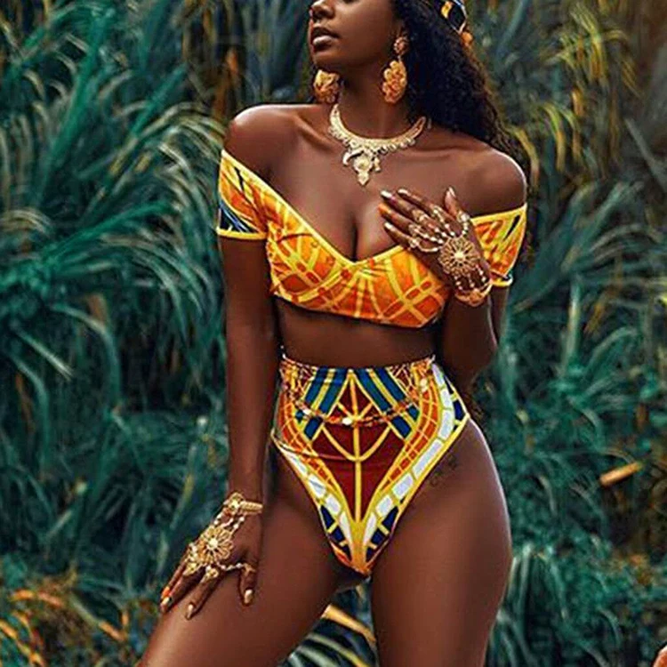 

Sexy Two Pieces Women Swim Suit Short Sleeve African Print Swimsuit High Waist Swimwear For Women, As show or customized