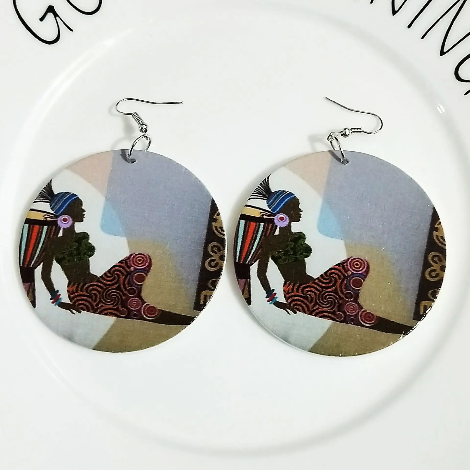 

2020 Newest Ethnic African Black Woman Art Wooden Drop Earrings Afrocentric Natural Hair Double Sides Printed Wood Earring